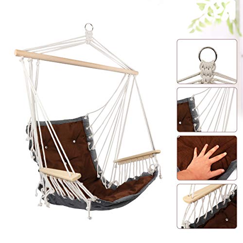 Hanging Rope Hammock Chair with Wooden Handrail, Large Hammock Porch Swing Seat, Cotton Rope Porch Chair for Indoor, Outdoor, Garden, Patio, Porch, Yard - Thumbnail 4