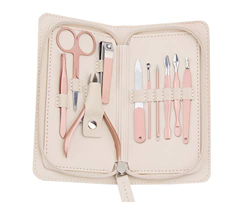 Manicure Pedicure Set Nail Clippers Travel Hygiene Kit Stainless Steel Nail Cutter Care Set Scissor Tweezer Knife Ear Pick Utility Tools Grooming Kits with Leather Case 10 in 1 (Beige White)