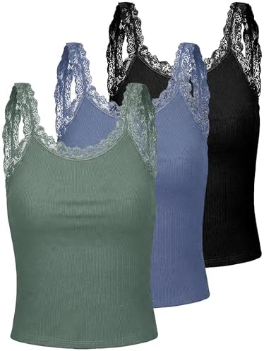 Lasnten 4 Pieces Lace Camisole Tank Tops for Women Ribbed Cami Top
