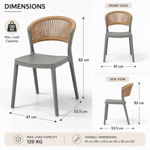 MARCOLO Chair Without Arms, Outdoor Plastic Dining Chair, Weather & UV Resistant Patio Chair for Balcony, Garden, Kitchen & Indoor Outdoor Use, Modern Rope-Style Design, 41x53.5x82cm (Grey)