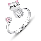 NewZenro Cute Cat Pink CZ Heart Love Statement Open Rings for Women Dainty Silver Plated Animal Adjustable Engagement Small Finger Ring Comfort Fit Fashion Jewelry for Her Bff Pet Lover