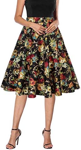 Yanmei Women's 50s Vintage Floral Skirt High Waisted A Line Casual Midi Skirts