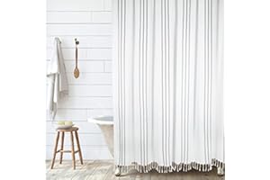 HALL & PERRY Modern Transitional White Stripe Shower Curtain with Tassels - Vertical Black Lines Striped 100% Cotton, 72" x 84"