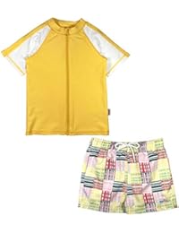 SwimZip Boy Short Sleeve Rash Guard & Shorts UPF 50+ | Madras Yellow 12-18 Month