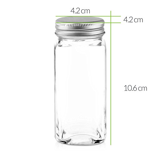 Nellam 12 Square Spice Jars Set with Shaker Tops and Sticker Labels 4oz Clear Glass Containers with Silver Top Kitchen Organizer Bottles for Pepper Salt Herbs and Spices