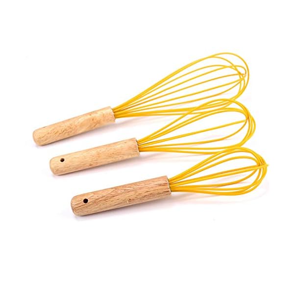 3Pcs Whisk Silicone Wisk Kitchen Tool Silicone Whisks for Cooking, Wooden Handle Kitchen Whisks Egg Beater Milk Frother…