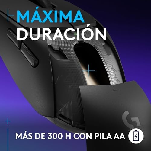 Rato gaming sem fios 309 Lightspeed, Lightweight, interruptores híbridos LIGHTFORCE, sensor Hero 25K, 300+ horas com bateria AA, 6 botões programáveis, PC e Mac - Preto