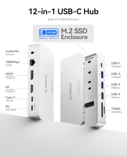ORICO Station d'accueil 11 en 1 avec boîtier SSD M.2 NVMe/SATA de 8 To, station d'accueil pour ordinateur portable, 2 moniteurs avec HDMI, 1 DP 8K @ 30 Hz, 2 USB-A/C 10 Gbps, SD/TF, 100 W PD, 1 Gbit/s