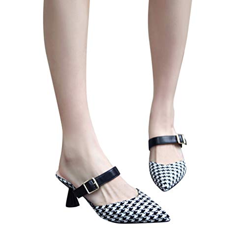 Women's Closed Toe Ankle Strap Block Heel Pointed Hollow Toe Slippers Wild Thick Heel Ladies' Pumps Sandals Black - Thumbnail 2