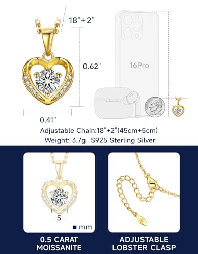 MomentWish Women's Heart Necklace, 0.5/1/2 Carat Moissanite Diamond Pendant Rose Gold 925 Sterling Silver Hypoallergenic Jewelry Gift for Wife Mom Girlfriend