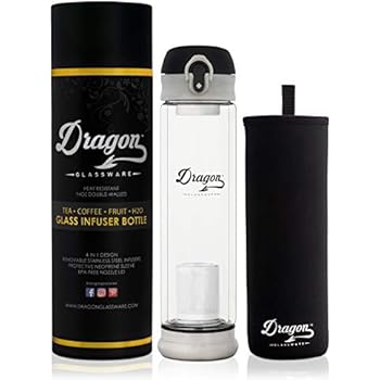 Dragon Glassware Tea Infuser Bottle, Premium Double Walled Tumbler with Flip-Top Lid, 2 Stainless Steel Filters and Travel Sleeve for Loose Leaf Tea, BPA Free, 14-Ounces, Gift Boxed