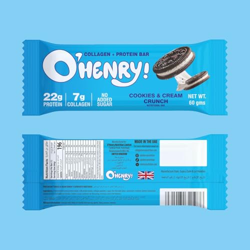 O Henry Collagen + Protein Bar - Cookies & Cream Crunch, No Added Sugar, 22g Protein, Pack of 12 (60g Each)