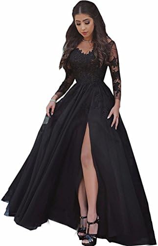 MariRobeWomen's Lace Appliques Evening Dress High Split Formal Gowns with Long Sleeves