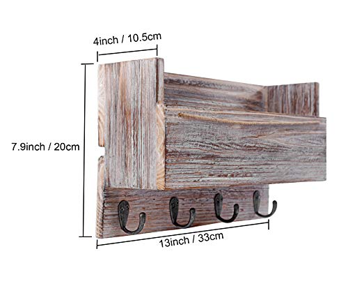 Halcent Wood Mail Holder Sorter with 4 Key Hook Holder, Wall Mail Organizer Hanging Letter Holder for Entryway Hallway Office Kitchen Mudroom