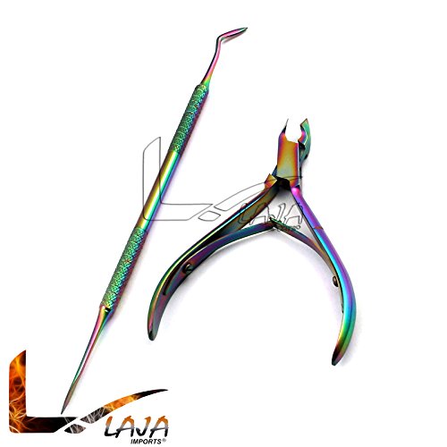LAJA IMPORTS NAIL ART FINGERNAILS TOENAIL CUTICLE NIPPER RAINBOW CLIPPER SCISSOR WITH TITANIUM DUAL-ENDED PEDICURE PUSHER REMOVER