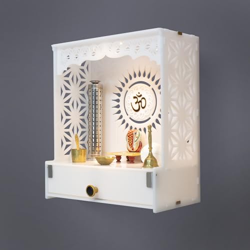 Heartily® Acrylic Shree Beautiful Pooja Stand for Home Mandir for Home Temple for Home and Office Puja Mandir for Home and Office Wall with LED Spot Light Product (H- 18, L- 16, W-8.75 Inch)