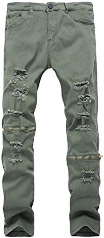 LAMCORD Upreface Men's Zipper Knees Ripped Stretch Destroyed Slim Fit Skinny Jeans Denim Pants, Army Green, W34