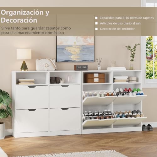 Zapatera Organizador Madera 4 Cajones Abatibles, Zapateras Modernas, Blanco | Zapateros Cerrado Mueble con Estantes Extraíbles, 8-16 pares, Zapatero de Madera para Recibidor Entrada Casa, 105*24*100cm