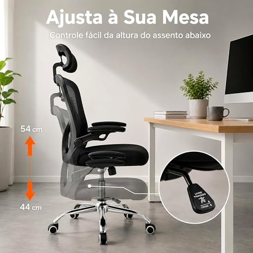 Laruno Cadeira de Escritório Ergonômica Premium NR17 Preta Giratória Reclinável 145 Graus com Suporte Lombar Encosto Mesh Respirável Cadeira Gamer Regulagem de Altura e Braços Suporta até 120kg