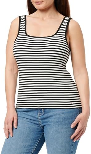 Damen Tank Top Slim Gerippt, Mehrfarbig (Ecru/Black Fine STP), L
