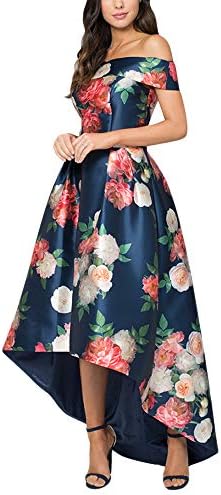 Jessica CC Women's Satin Floral Off Shoulder Prom Dress High Waist Formal Hi Low Dress