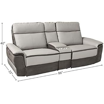 reclining homelegance laertes tone cup grain match fabric leather power light loveseat grey console holder center