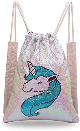 Unicorn Drawstring Bag Mermaid Drawstring Bags for Kids Reversible Flip Sequin Bag for Gym Dance Beach Travel (66-Little unicorn)