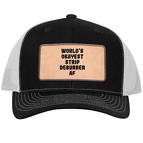 World's Okayest Strip Deburrer - Leather Light Brown Patch Engraved Trucker Hat, Black-White, One Size