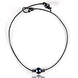 Single Genuine Peacock Pearl Choker Necklace on Black Leather Cord for Women (Peacock Pearl-16
