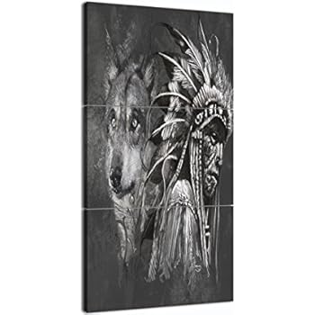 Native American Wall Art Canvas Paintings Modern Home Decor Native American Indian with Wolf Pictures for Living Room Artworks Black and White 3 Piece Framed Stretched Ready to Hang(14x20 Inch/3pcs)