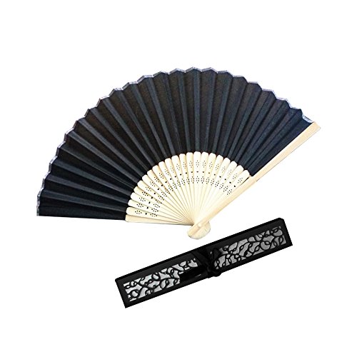 Folding Fan Vibola Chinease/Japanese Folding Silk Hand Fan, Women Hand Folding Fans Hand Fan Gift fan Craft fan Folding Fan Dance Fan (Black)