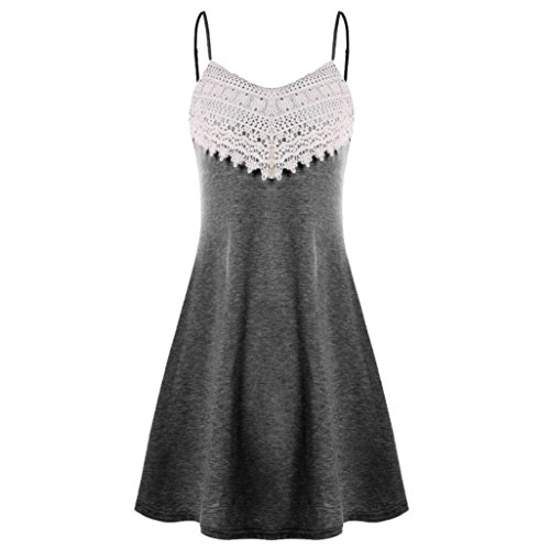 Caopixx Womens Mini Dress Crochet Lace Halter Mini Slip Dress Sleeveless T-Shirt Dresses (Asia Size XL=US Size L, Deep Gray)