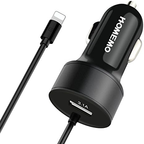 Car Charger Adapter,Dural Ports,with Built-in 1 Meter Apple Lightning Cable for iPhone X,8/8Plus,7/7plus,6/6s,6/6s+,5s,5,SE,iPod,iPad Pro,Air,iPad mini 1/2/3/4 &amp; More Extra USB Port for Android[Black]