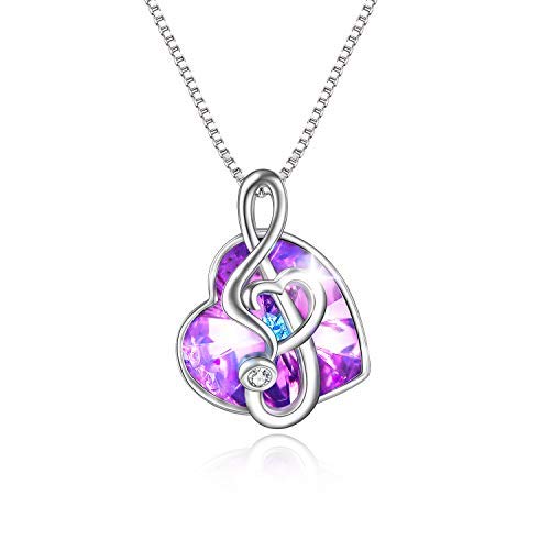AOBOCO Music Knot Necklace 925 Sterling Silver Purple Crystal Heart Pendent Necklace for Women Girls Girlfriends
