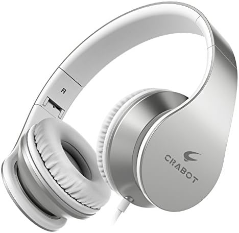 Headphones, Crabot I65 On-Ear Stereo Sound Bass Wired Portable Foldable Headsets with Microphone and Volume Control for iPhone iPad Android Smartphones Laptop Tablet for Kids or Adults (Silver)