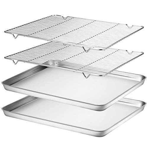 Wildone Baking Sheet & Rack Set [2 Sheets + 2 Racks], Stainless Steel Cookie Pan with Cooling Rack, Size 16 x 12 x 1 Inch, Non Toxic & Heavy Duty & Easy Clean (Best Cookie Sheets For Baking Cookies)