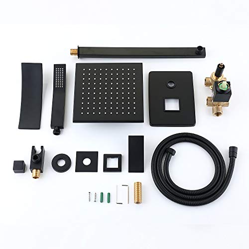Shower Systems Luxury Matte Black Bathroom Shower Faucet with Tub Spout,8'' Rain Shower Head and Handheld Wall Mount Shower Fixtures (Matte Black shower faucet)
