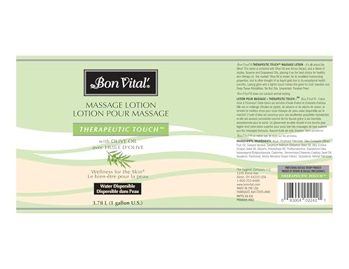 BON VITAL’ THERAPEUTIC TOUCH MASSAGE LOTION WITH OLIVE OIL TO REPAIR DRY SKIN & SOOTHE SORE MUSCLES, SKIN THERAPY LOTION, MOISTURIZES SKIN DURING MASSAGES FOR SMOOTH, SOFT SKIN, 1 GAL, LABEL MAY VARY