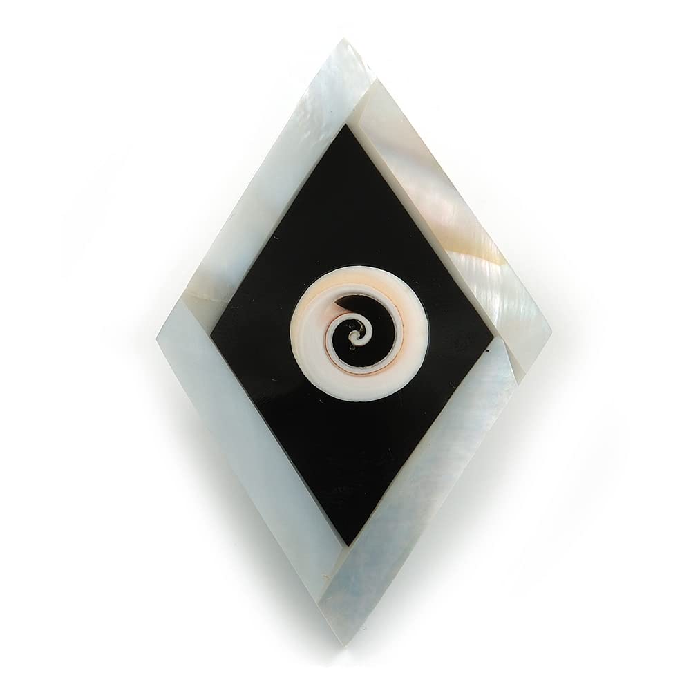 55mm L/Diamond Shape Sea Shell Brooch/White/Black Colours/Handmade/Slight Variation In Colour/Natural Irregularities