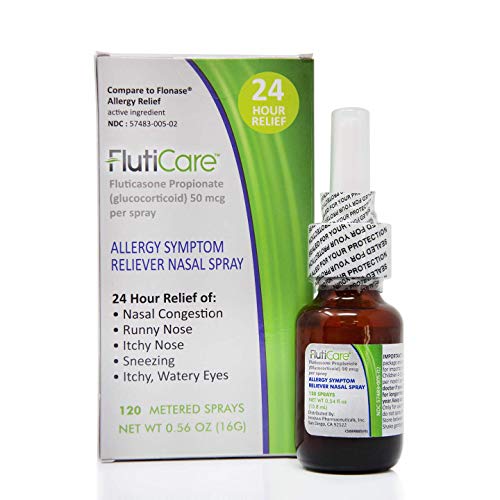 FlutiCare New Stock PreSale 120 metered nasal sprays (1 pack) | Fluticasone Propionate 50mcg | Relief during allergy season for pollen, dust, dander, both indoor and outdoor allergens - 1 month supply (Best Over The Counter Steroid Nasal Spray)