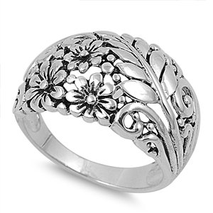 925 Sterling Silver Flowers & Leaves Ring 13MM Size 8