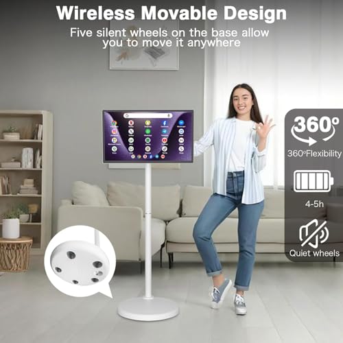 24 Inch Rolling Smart TV with 1080P Touch Screen | Android 13 OS | MTK 8-core CPU | 6G+128G Storage | Built-in 13MP Camera | Remote Voice Control | Full Rotation Portable TV on Wheels