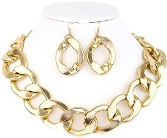 CN0129 WOMEN'S FASHION SIMPLE LARGE SIZE BIG CHAIN LINK NECKLACE AND EARRINGS SET (GOLD)