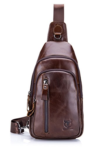 BULLCAPTAIN Men s Genuine Leather Shoulder Sling Bags Backpack Outdoor Casual Daypack Crossbody Bag (Brown)