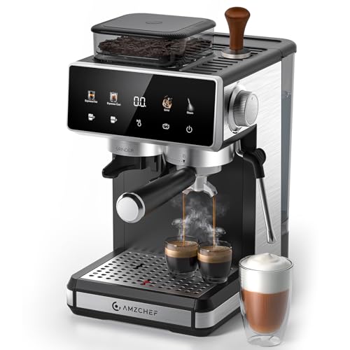 AMZCHEF Portafilter Machine with Grinder, 20 Bar Espresso Machine for Home with Milk Frother, 3 Temperature Levels, 20 Grinding Levels, Cold & Hot Brewing, Touchscreen Display