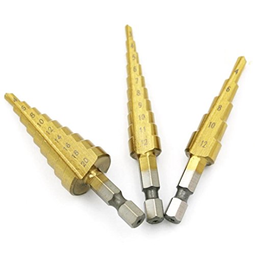 image for Tsmile Clearance 3 Pcs HSS Power Drills Titanium Coated Step Drill Bit