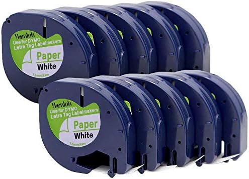 yenlok 10 Cassette Tape Compatible Dymo LetraTag 91200 S0721510 Paper Label Black on White 12mm 4m for LT-100H LT-100T QX50 Label Makers