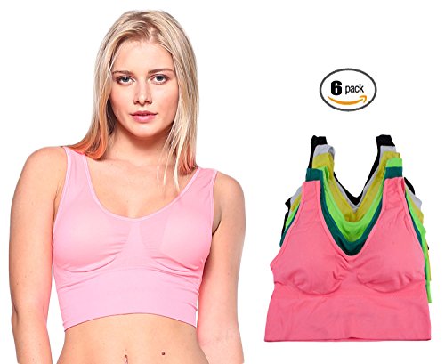 Barbra's 6 Pack Regular Size Long Line Non-Racerback Wireless Yoga Bras (Small to Large)
