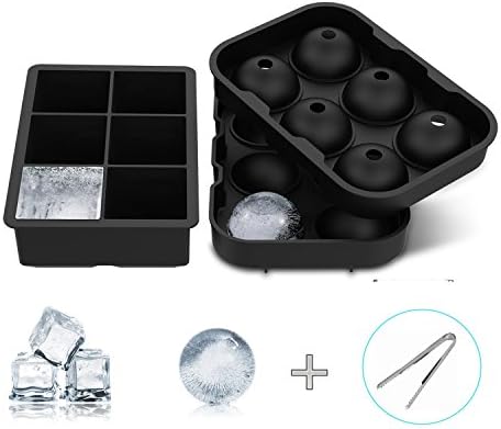 Vergiss 2 Pack Easy Release Silicone Ice Cube Trays and Small Ice Cube Tong, with 4 X 4.5 cm Ball Capacity and 8 Ice Cubes Molds（Black）