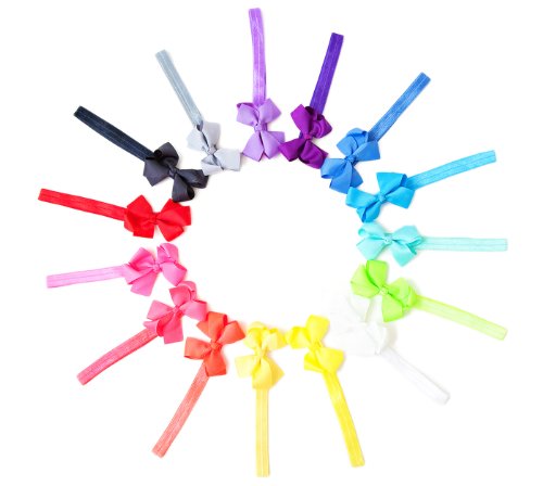 Ema Jane - Baby Hair Flower, Bow, and Headband Sets (Neon Bows on Iridescent Headbands),set of 15